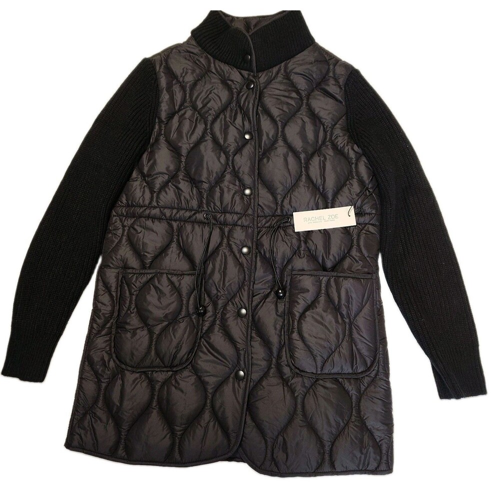 Rachel Zoe Quilted Jacket Women's M Black Insulated Mixed Media Ribbed NWT
